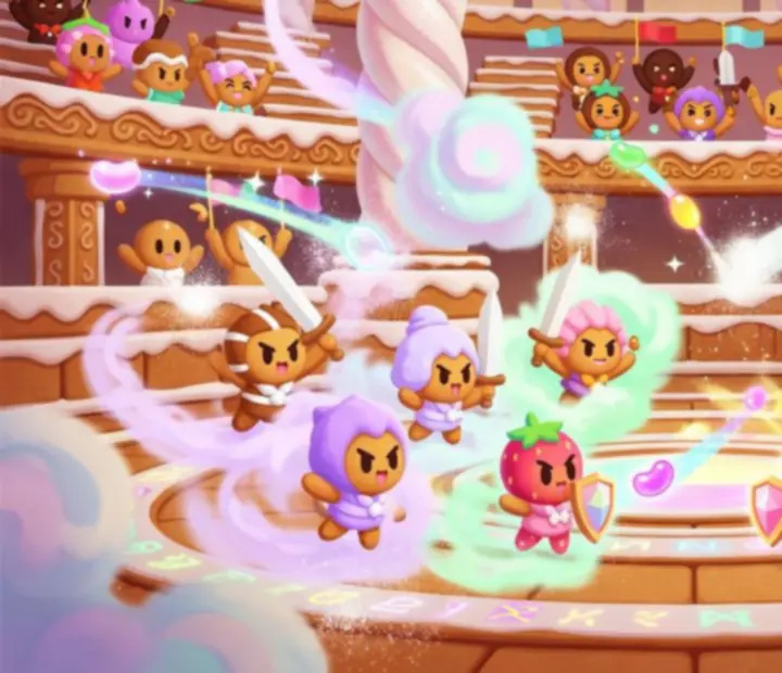 CookieRun: Kingdom aréna-jelenet, ahol Cookie-csapatok egymás ellen küzdenek