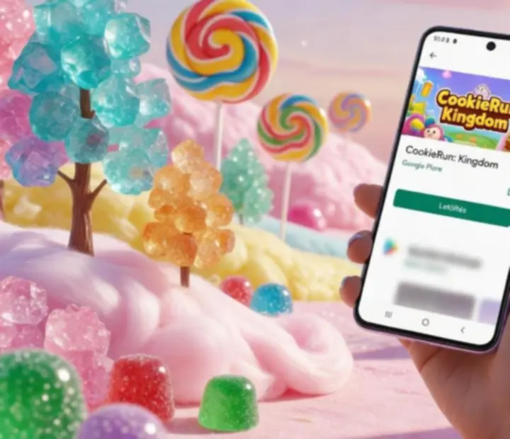CookieRun: Kingdom letöltési képernyő illusztráció, mobil eszköz pastel környezetben